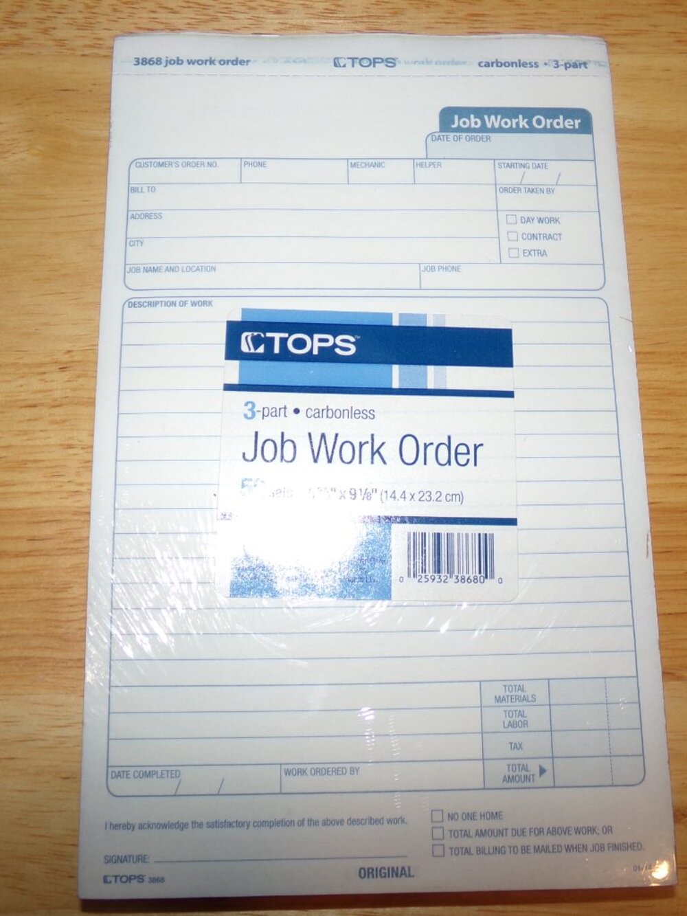 TOPS Office Supplies Job Work Order 3-part-Carbonless 50 set